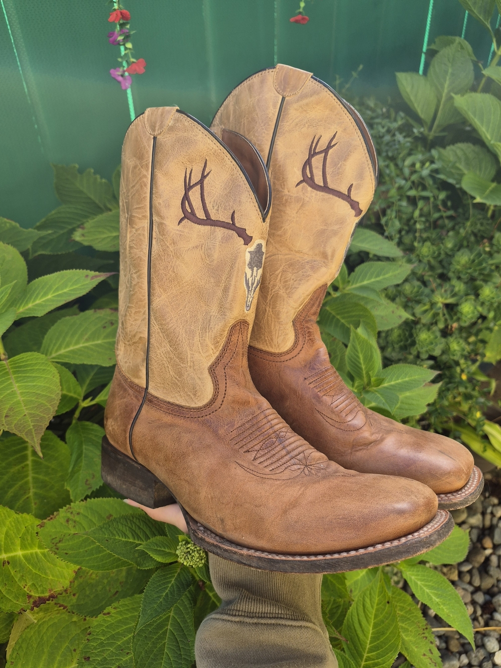 Colt Ford Men's Tan and Brown Western Cowboy Boots with Antler Stitch